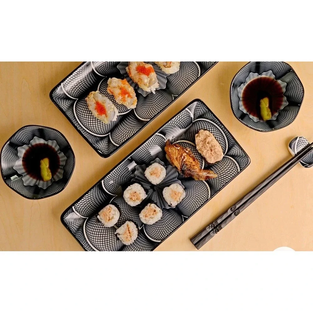 Japanese‎ Sushi Serving Set Rectangular Plates Small Bowls Chopsticks with Rests